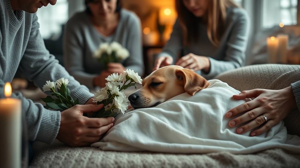 白い布に包まれた愛犬に白い花を手向ける家族の手、火葬前の最後のお別れの様子
