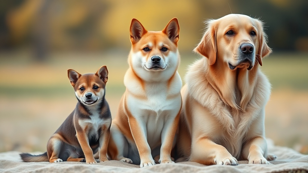 小型犬から大型犬まで3頭のサイズの異なる犬が並んで座っている写真（ペット火葬料金のサイズ別説明用）